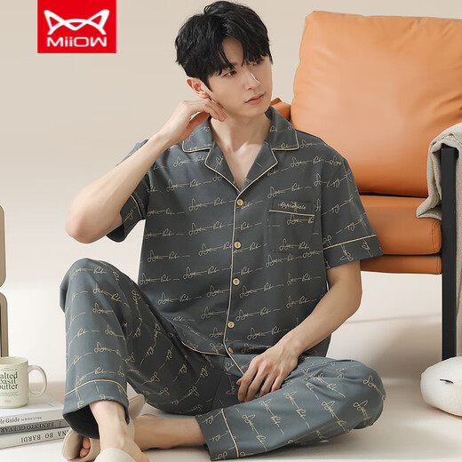 Catman MIIOW men's pajamas summer pure cotton short-sleeved trousers spring and summer thin simple large-size cardigan home clothing set:An693 L men