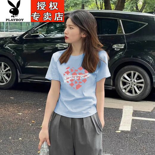 花花公子（PLAYBOY）欧货纯棉女士短袖t恤浅粉色正肩女装夏装2025新款修身上衣体恤 1585粉色常规款(粉紫印花) S