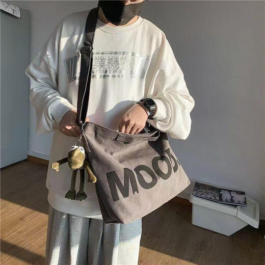 Bags for women 2024 new men's crossbody bag large capacity canvas bag class bag female student Korean version versatile military green MOOD shoulder bag + frog pendant #2#