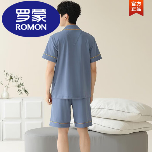 罗蒙（ROMON）睡衣男士夏季纯棉短袖短裤开衫薄款大码纯色休闲家居服套装夏季男 宝蓝色12805【100%纯棉】 L 【建议100-120斤穿】