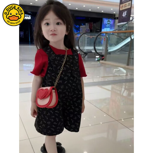 G.DUCK女童背带裤夏季套装2025新款洋气中小童夏天短袖儿童背带裤两件套 黑色碎花背带裤+红色T 110