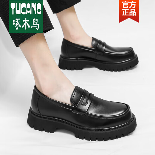 啄木鸟一脚蹬男士乐福鞋2025年新款男鞋增高厚底亮面潮流皮鞋懒人豆豆鞋 3518黑色 单层 38