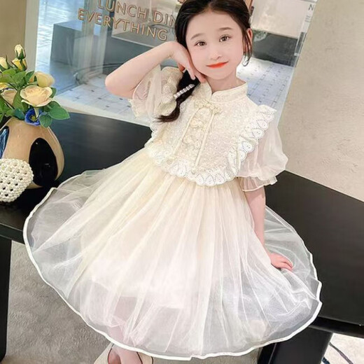 巴拉巴拉女童夏国风新中式花边公主裙连衣裙C4 3523 米色 90 cm