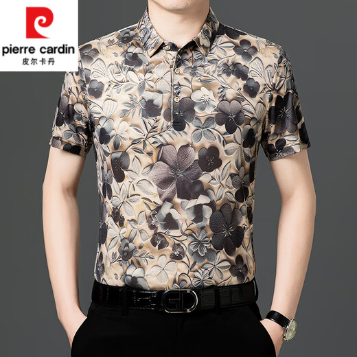 皮尔卡丹（pierre cardin）高端冰丝短袖花衬衫男2025年新款免烫弹力上衣中年休闲衬衣 金色9898 3XL 170-185