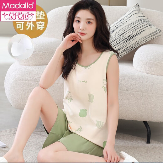 莫代尔带胸垫一体背心睡衣女夏舒适棉无袖大码家居服女生薄款可外穿套装 背心套装【带胸垫】F9856 L 女 建议100-120斤