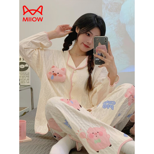
MIIOW KING Catman Elvis pure cotton pajamas for women Spring and Autumn New Long Sleeve Trousers Loose Cardigan Sweet Cartoon Cute Home Clothing Set 9207 Dingdang Cat M [Suggested 80-100Jin [Jin equals 0.5 kg]]