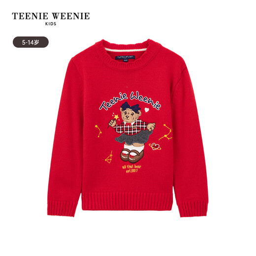 TEENIE WEENIE童装24年春秋款女童色圆领刺绣套头毛衣官方旗舰正品 红色 110 cm