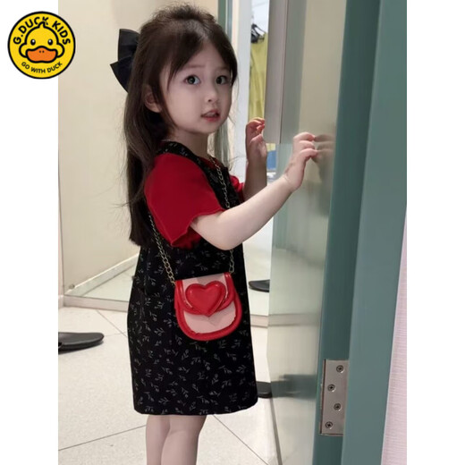 G.DUCK女童背带裤夏季套装2025新款洋气中小童夏天短袖儿童背带裤两件套 黑色碎花背带裤+红色T 110