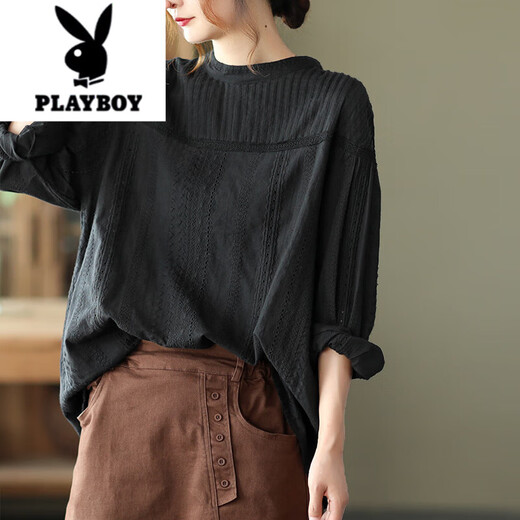 Playboy (PLAYBOY) 2025 Spring and Autumn New Style Literary Accordion Pleated Sweet Lady Hollow Long Sleeve Shirt Pullover Shirt Women's Top Trendy White All Size