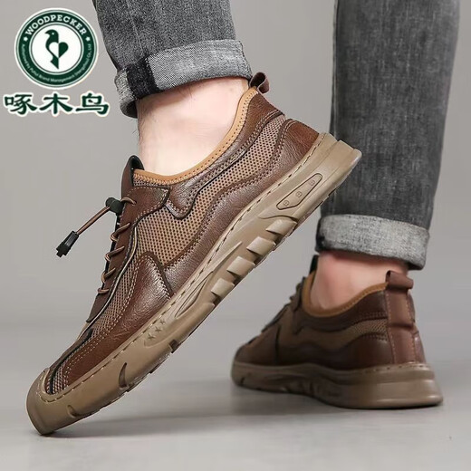 Sandalias de carpintero de carpintería para hombres Summer 2025 Nuevos zapatos de malla de malla Cuerpo de cuero de cuero genuino para hombres zapatos de senderos al aire libre transpirables 6628 marrón [colección y compra de envío prioritario] 40