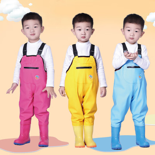 Perfect children's water play one-piece waders, kindergarten waterproof clothes, children's rain boots for children, men's and women's fishing rain pants, beach blue fish zipper pocket - children's overalls M 24 (shoe inner length 15c)