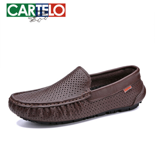 卡帝乐鳄鱼（CARTELO）豆豆鞋男款夏季真皮镂空透气风商务休闲凉皮鞋软底驾车懒人鞋 9901(透气款)黑色 42 【标准皮鞋码】