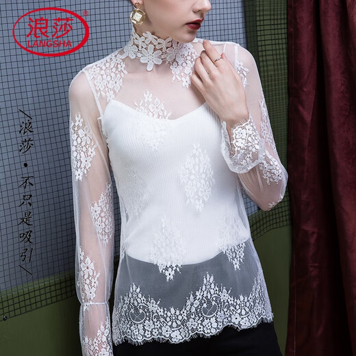 
Langsha spring stand-up collar base shirt for women lace inner mesh long sleeve temperament women's shirt loose top blouse black lace shirt 9193 L