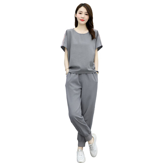 恒源祥时尚运动服套装女夏季2025年新薄款气质显瘦棉麻休闲裤两件套洋气 富贵灰 M