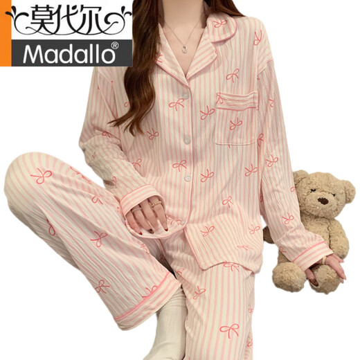 莫代尔甜美条纹ins韩系蝴蝶结印花夏季新款皱布睡衣女家居服短袖三件套 套KK3523# M 【建议80-100斤】