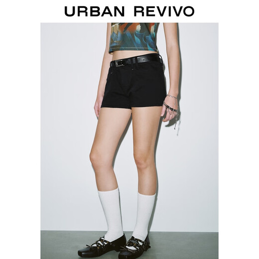 UR2025 Summer New Women's Fashion Casual Versatile Belt Decorated Denim Shorts UYY850134 True Black (Short) 26