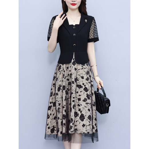 
Hengyuanxiang middle-aged mother summer dress Lady's summer 2025 new fashionable and stylish temperament fake two-piece dress black - 7371 L (110Jin [Jin equals 0.5 kg] or less)