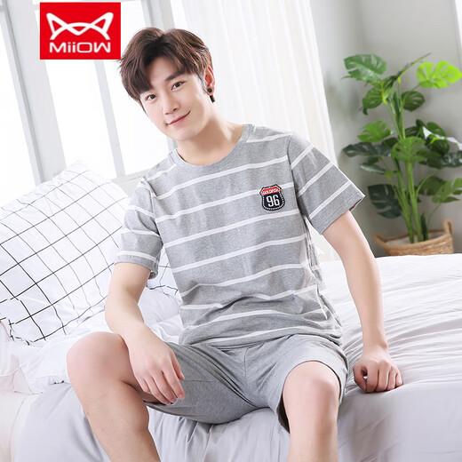 Catman (MiiOW) summer men's pajamas short-sleeved shorts cotton teenagers Korean style student large size home clothing middle-aged suit thin 9922 L men (recommended 100-130 Jin [Jin equals 0.5 kg])