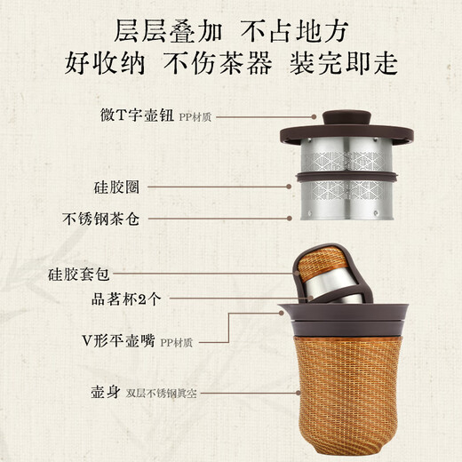 Thermos Travel Tea Set Outdoor Camping Portable Teapot Teacup Set Intangible Cultural Heritage Porcelain Body Bamboo Woven Holiday Gift TCMU Coated Liner Matte Brown (No Base Version)