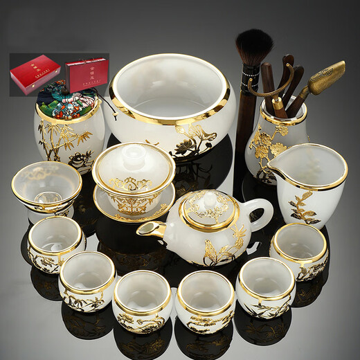 Chengyun Shangzun inlaid with gold and jade tea set, colored glaze pure handmade Kung Fu tea cup set, home office gift teapot cover bowl, colored glaze set (large set of 14 heads)