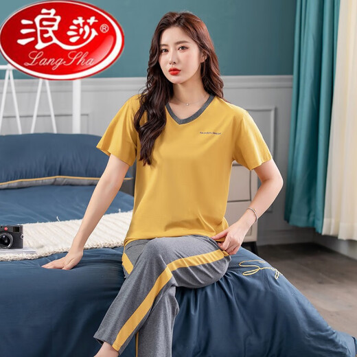 浪莎睡衣女夏季薄款2025年新款纯棉短袖长裤家居服套装夏天全棉可外穿 7374豆沙粉 M[80-100斤] 均码
