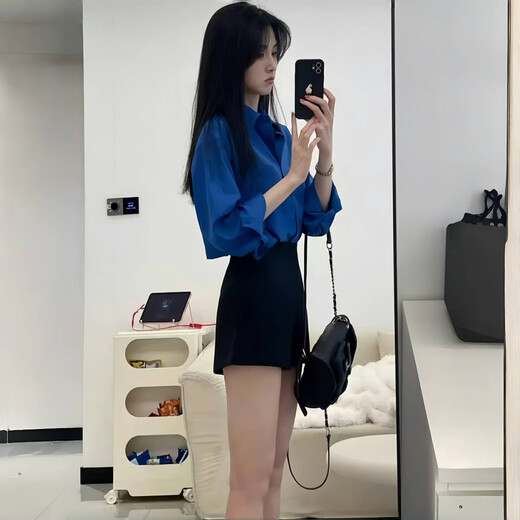 Jingdomeng 2026 Spring and Autumn New Klein Blue Long-Sleeved Shirt Jacket Women's French Style Loose Casual and Versatile Top Dark Blue L (116-125 Jin Jin equals 0.5 kg)