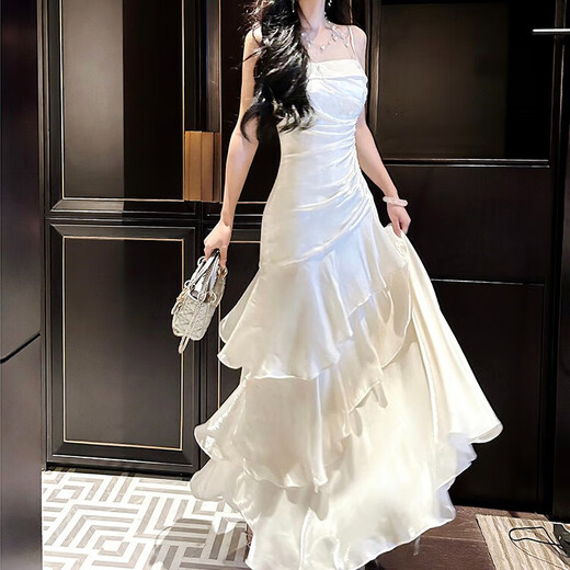 Ono Seven Days Niche Light Luxury Pure Desire Sling Dress 2025 Summer New Arrival Fishtail Birthday Dress Fairy Holiday Beach Long Dress Apricot Recommended 160cm or above L Recommended 100-110 Jin Jin equals 0.5 kg