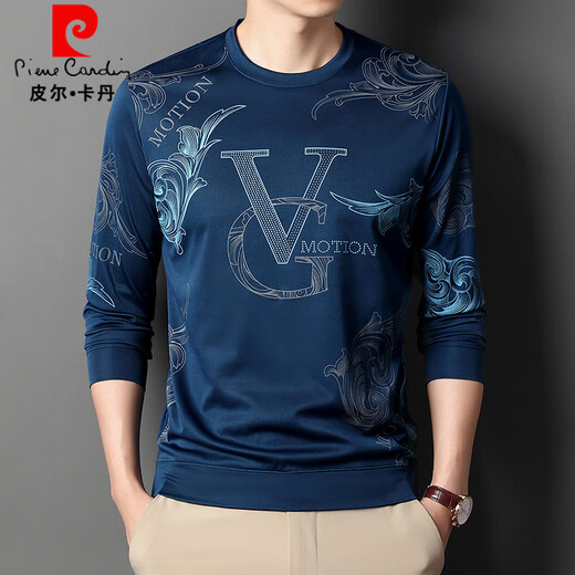 皮尔卡丹（pierre cardin）时尚潮流印花t恤男春秋新品男士圆领长袖冰丝VG图案中青年打底衫 6621黑色 L 建议120-140斤