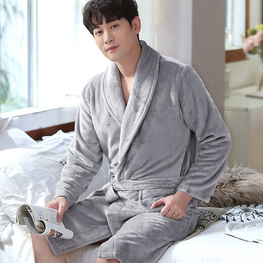 Yalu 25th Autumn and Winter New Men's Nightgown Coral Velvet Home Clothes Warm Flannel Large Size Bathrobe Large Size Home Clothes NSCJF-Light Gray Bathrobe Men's Y809 One Size