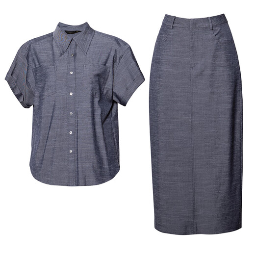 ROEYSHOUSE LOI casual retro shirt suit 2025 summer new fashion solid color top skirt two-piece set 12398 denim blue M