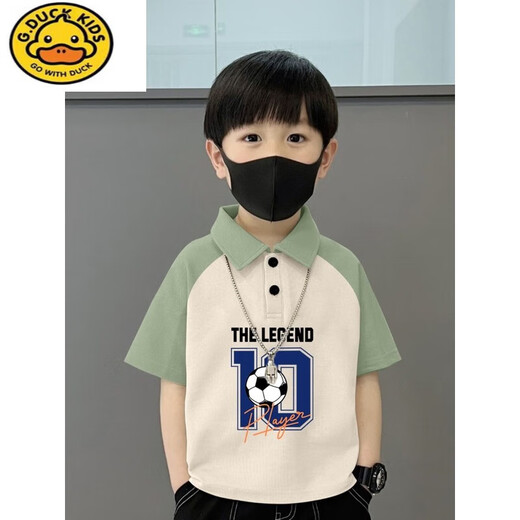 G.DUCKKIDS纯棉POLO衫短袖T恤儿童夏季新款中大童宽松拼接帅气翻领男孩上衣 674笑脸-绿杏-POLO衫纯棉品 120