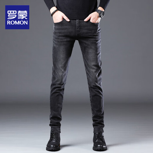 Romon 2025 summer new high-end jeans men's business slim feet high-end stretch thin casual trousers men's clothing 1048 black 31