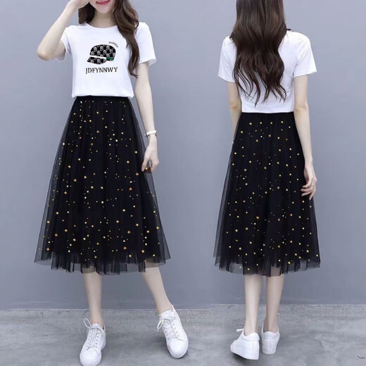 酷章（KUZHANG）网纱裙女两件套装夏季新款短袖t恤女小个子半身裙子学生连衣裙女 韩6198#白色+黑色裙 S