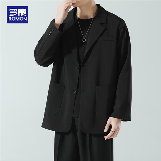 ROMON suit men's spring and autumn trendy loose lapel business single suit casual small suit jacket black XL