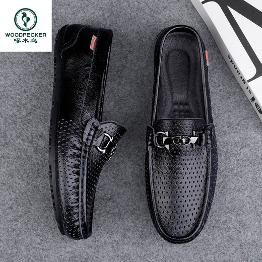 Woodpecker hollow beans shoes for men, new summer breathable men imitation leather business casual leather shoes men's leather sandals MT9905a-black 38