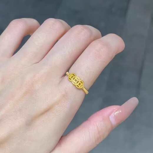 RSRDDY Lao Fengxiang 18k gold ring women's money string 999 copper coin ring ring live index finger ring gift 0.01g Lao Fengxiang same style money ring x live mouth