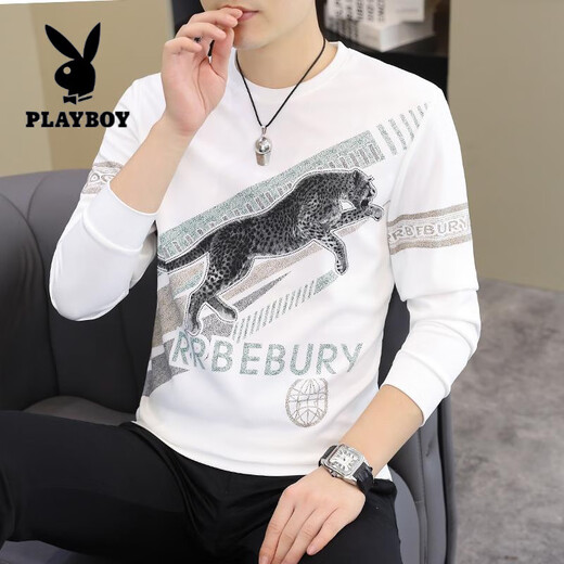 花花公子（PLAYBOY）2025春秋新款男士长袖T恤小衫个性欧货卫衣打底衫加大码男装上衣 【春秋】6626白色 薄款 M 90-115斤