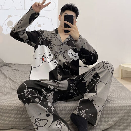 Mu Fengqing men's pajamas long-sleeved pants spring and autumn thin student cartoon teenager men's large-size home clothing set 9923 men M standard (high 165100 Jin [Jin equals 0.5 kg])