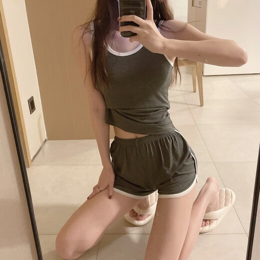 月朴夏季睡衣女夏款吊带莫代尔2023年新款性感运动背心短裤家居服套装 12035粉色不带 M 码80-100斤