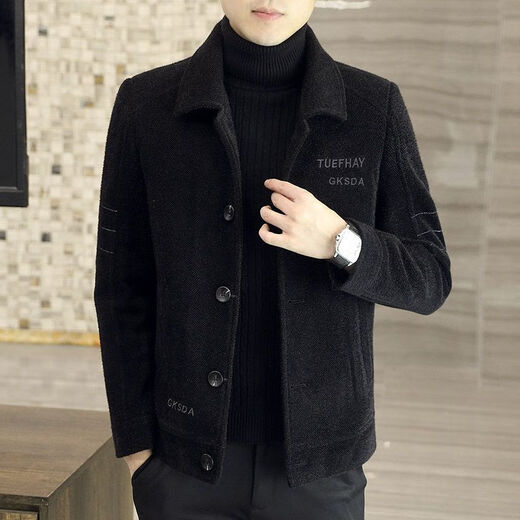 FELALWEN autumn and winter short men's coat slim casual thickened lapel gold mink velvet jacket high-end woolen jacket men's trendy khaki color 2XL recommended 120-140