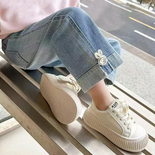 Girls' pants autumn 2025 new style of small and medium-sized children's straight-leg pants girls fashionable jeans children's wide-leg pants autumn K-158 rabbit jeans 130 Recommended height 120-130cm