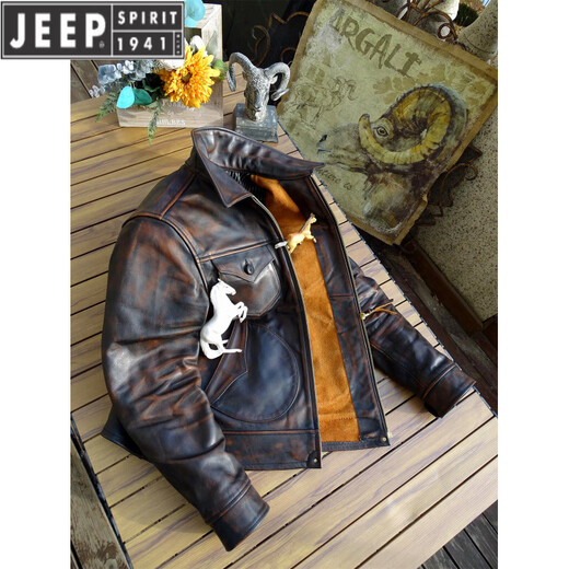 JEEP SPIRIT Mendoza Heavy Industry Washed Distressed Horseskin Leather Jacket Retro Workwear Leather Jacket Ami Khaki Genuine Leather Jacket Men Unlined M