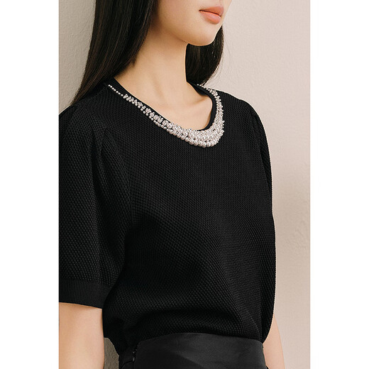 OBBLIGATO Olivia summer round neck hand-beaded waffle sweater black sweater S