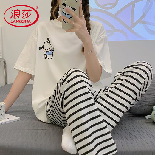 浪莎轻奢睡衣女款纯棉夏季短袖长裤夏天薄款夏款玉桂狗春秋可爱家居服 JZM-6625爱心 XL