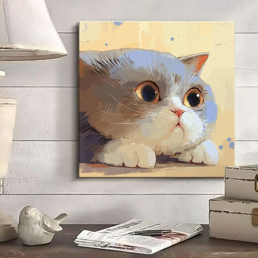 可爱猫咪diy填充儿童涂色2024新款小尺寸手绘油彩装饰画 hy12805 60*60cm加厚实木内框+装饰外框