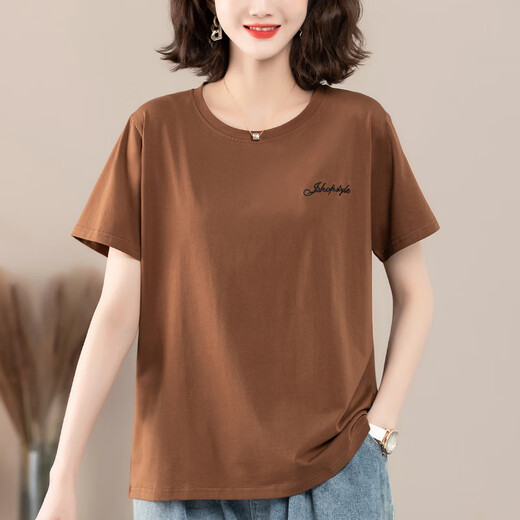 Gioio mittlere Mutter mit purem Baumwoll-T-Shirt für Frauen im Sommer kurzärmelig lose Sweatshirt Plus Size Damen mittleren und älterer runder Hals brauner Top White [KSP-9896] 3xl geeignet für 145-160jin [Jin entspricht 0,5 kg]