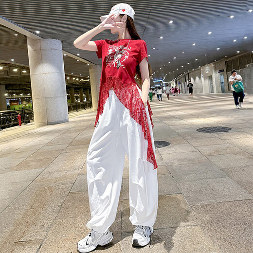 勤度爵士舞服装女套装夏季薄款曳步舞上衣蕾丝拼接跳广场舞休闲束脚裤 白色裤子6627 M [80-105斤]
