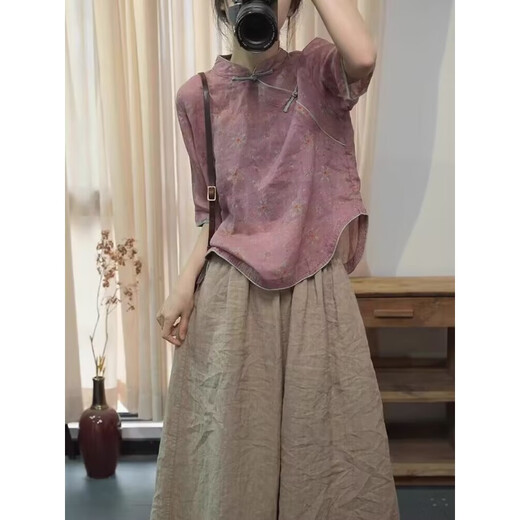Hengyuanxiang nueva camisa de ramie de estilo chino para mujeres 2025 Summer Nuevo edad de alta gama Reducción de pantalones de pierna ancha Pantalones de dos piezas Pantalones de mujer Pantalones de mujeres/Typants pequeños M Alcance (sugerido 90-115Jin [Jin equivale a 0.5 kg])