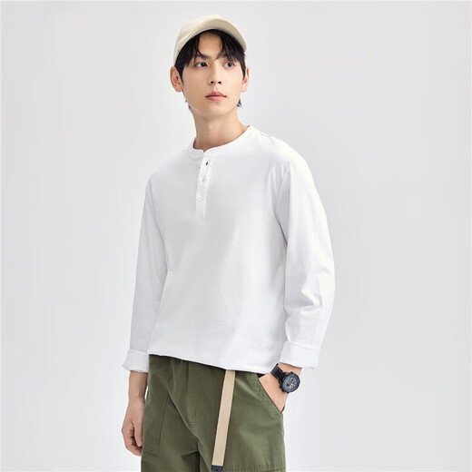 Giordano Henry shirt men's autumn and winter new pure cotton solid color bottoming shirt Henry collar long-sleeved T-shirt men 13025615 66 logo military blue L
