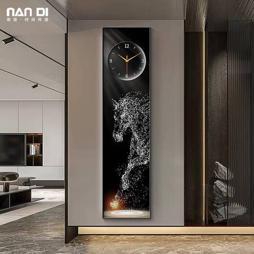 现代轻奢骏马玄关钟表挂钟客厅马到成功窄长条装饰画创意艺术时钟 LDY6198 30*120cm默认黑框-普通挂画不带